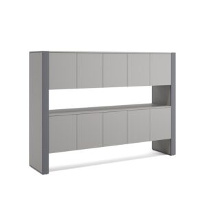 Plato — A modern console or executive desk cabinet in grey and anthracite with doors and open shelves, on a white studio background