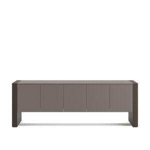 Plato — Modern grey console with four doors and dark brown legs on a white studio background