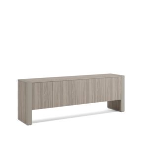 Plato — A long console cabinet with light wood texture and gray edges, featuring four doors, stands on a white studio background
