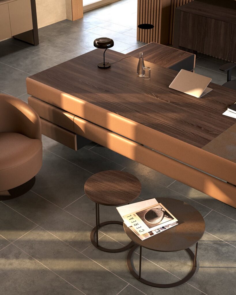 Plato — Brown leather and wood executive desk in an office with two round side tables and a leather armchair