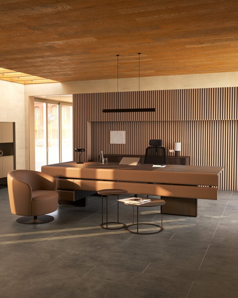 Plato — Modern office setting with a brown leather executive desk, swivel armchair, and two side tables