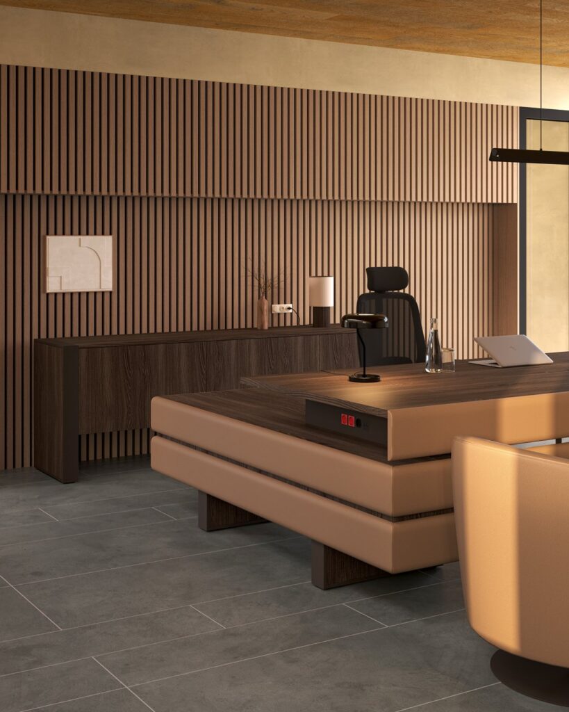 Plato — Executive desk with dark wood and beige leather details, a wooden console and an office chair in a modern office