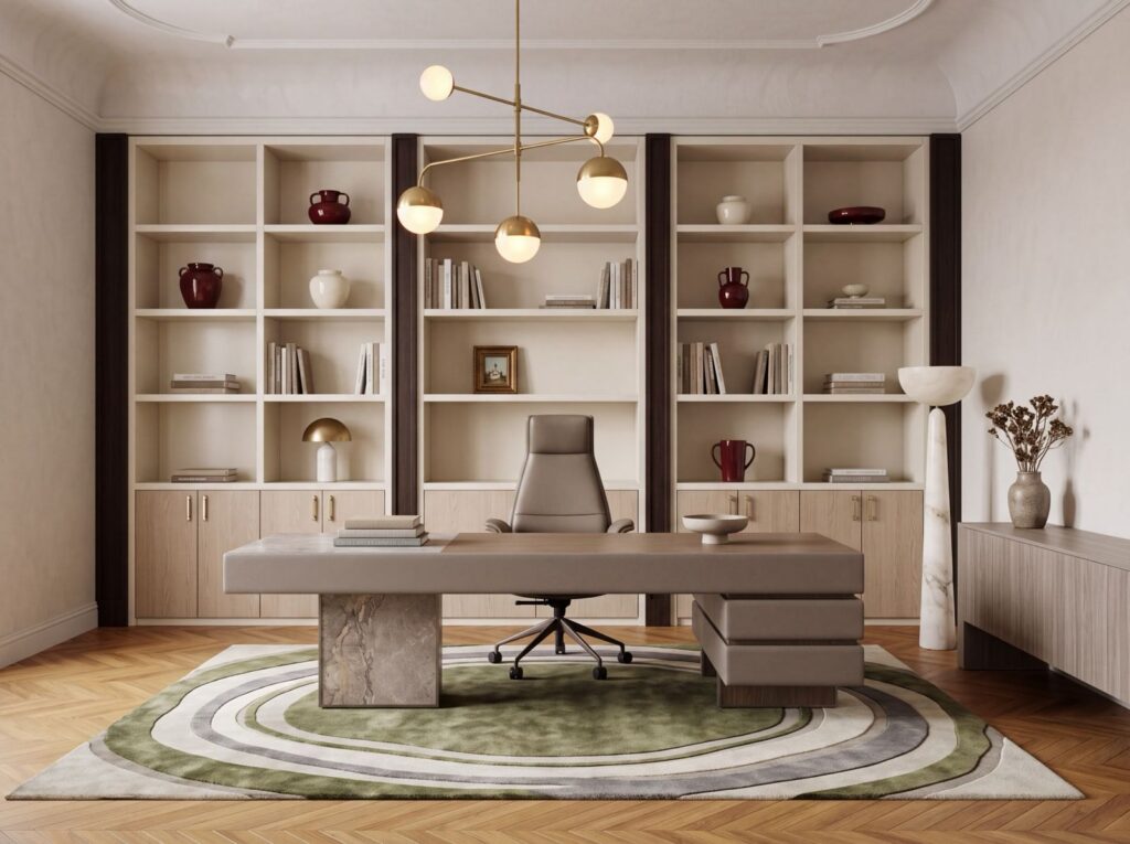 Plato — Executive desk with marble base, brown leather and wood details, in an office setting with a bookshelf and chair