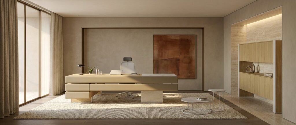 Plato — Light wood and marble executive desk, office chair, rug, and an office setting in front of a window