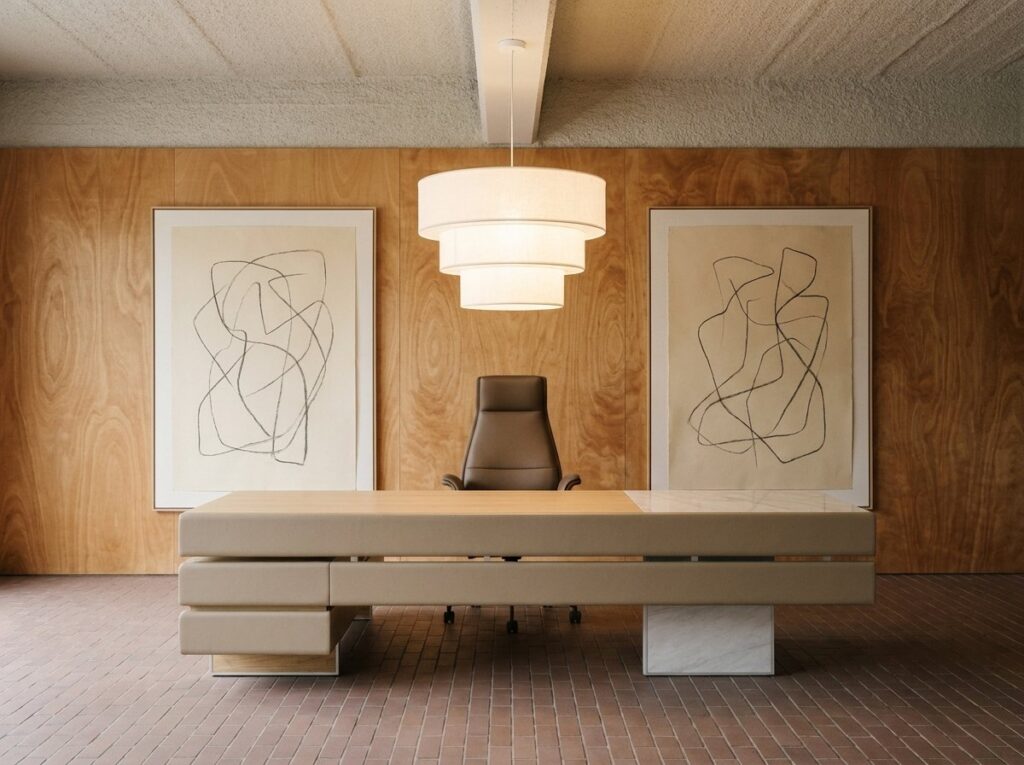 Plato — Beige executive desk with wood and marble details, brown office chair, in an office with a wooden wall and brick floor
