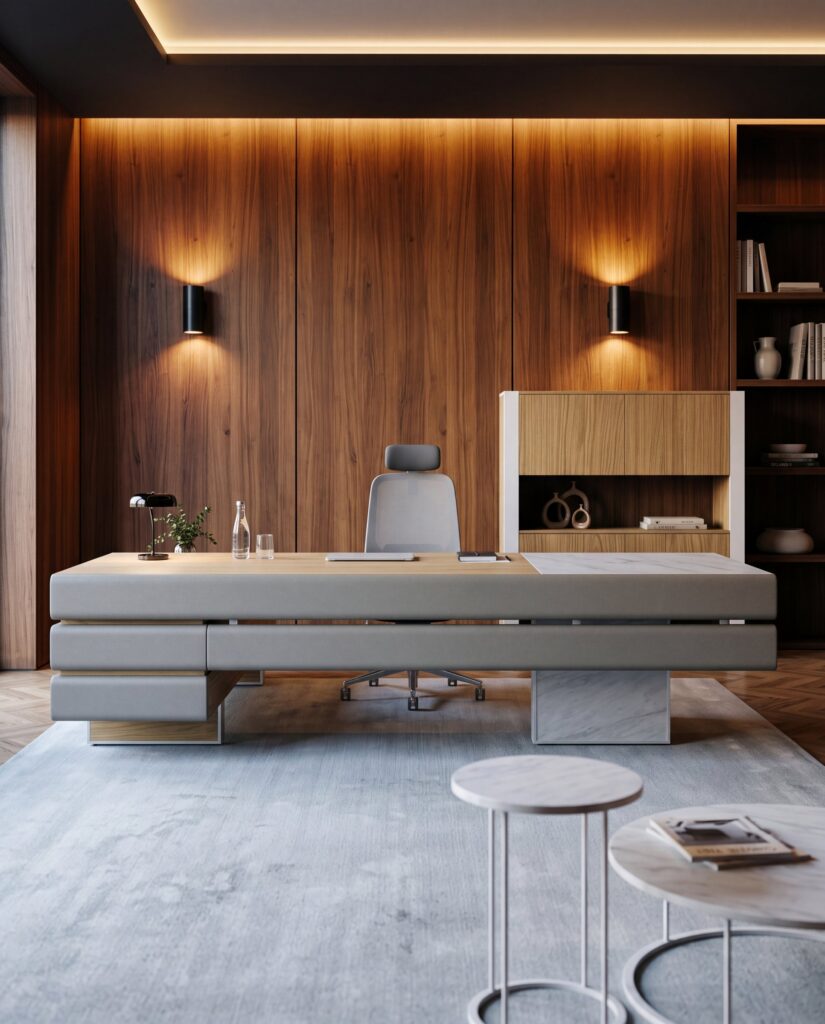 Plato — Executive desk with grey upholstery and wood details, in a modern office against a wood-paneled wall
