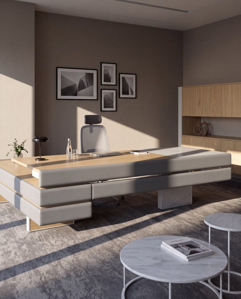 Plato — Executive desk with wood and grey leather details in an office setting, with a wooden cabinet and pictures on the wall