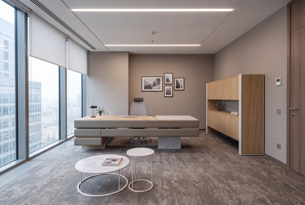 Plato — Executive desk with grey upholstery and wood details, in an office setting in front of a large window