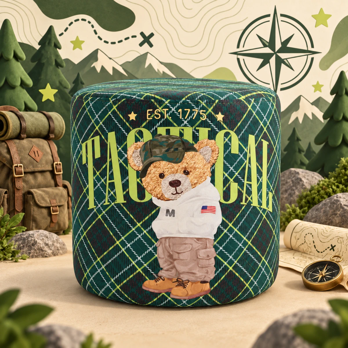 Teddies Explorer bear and green tartan pouf in an outdoor adventure-themed scene