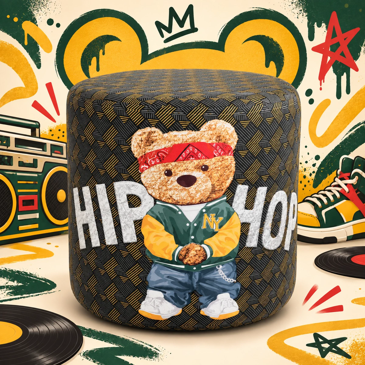 Teddies Groover bear and geometric-patterned pouf in a colourful hip-hop-themed scene