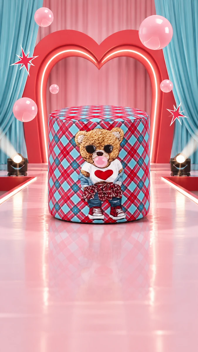 Teddies Icon bear and colourful tartan pouf in a pink-and-turquoise runway scene