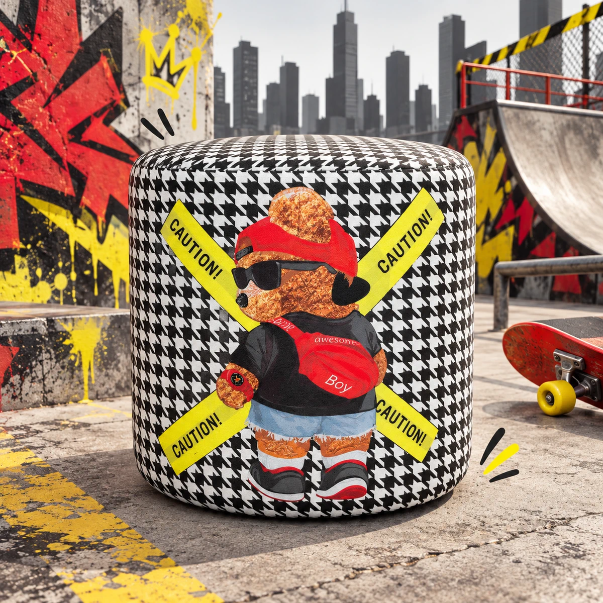 Teddies Rebel bear and houndstooth pouf in a skatepark-themed scene