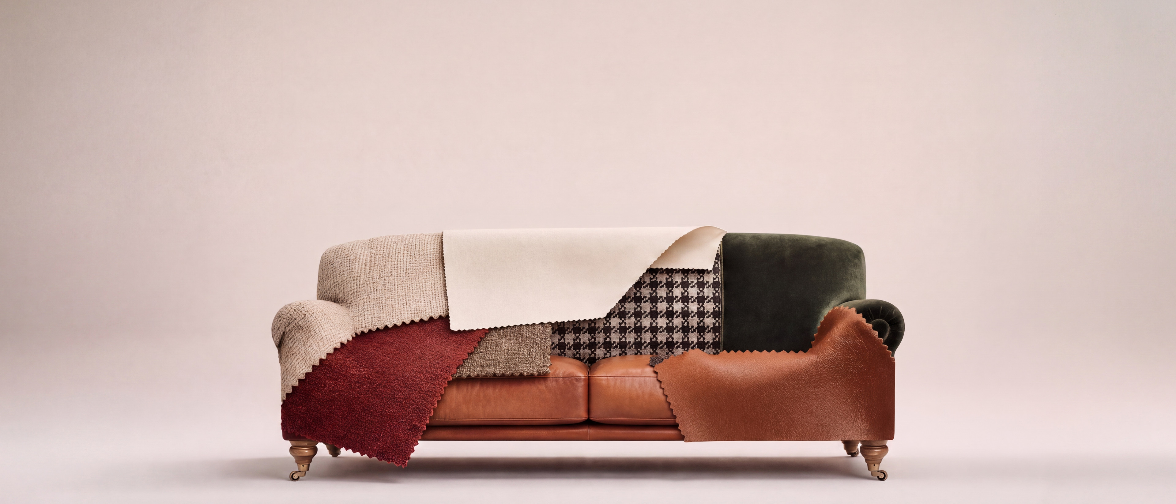 Sofa upholstered in leather, velvet, boucle and wool samples