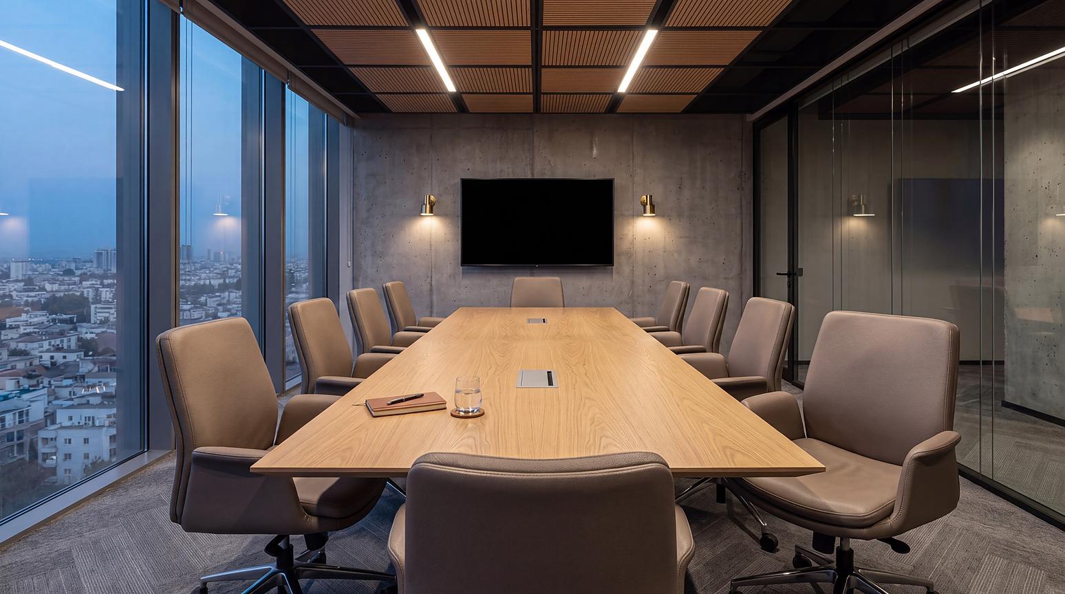 Meeting room at dusk with a city view: light oak conference table and beige leather chairs
